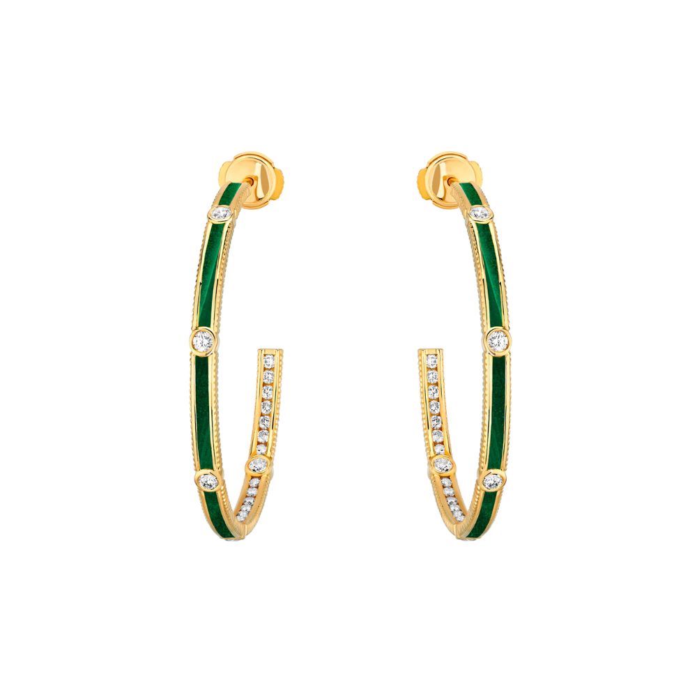 Viltier 18kt Yellow Gold, Malachite and Diamond Rayon Hoops